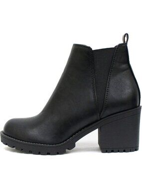 Women's Black Leather Origami Lug Sole Mid Heel Ankle Bootie Double Elastic Boot